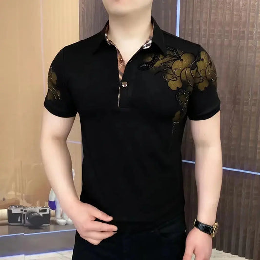 Luxury Rhinestone Printed Short Sleeve T-Shirt for Men
