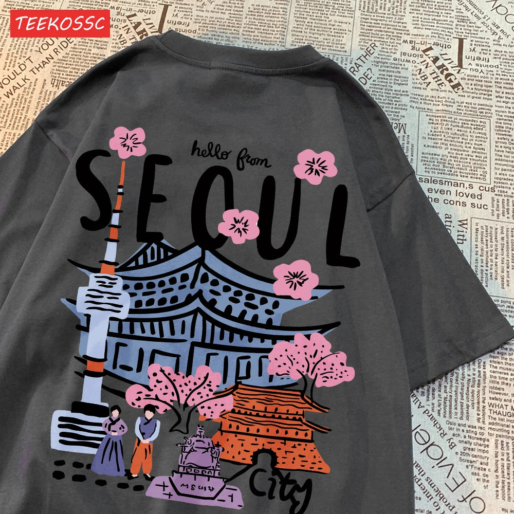 Women’s Casual Cotton T-Shirt – Seoul Scenery Printed Short Sleeve Oversize Tee | Breathable Summer TopWomen’s Clothing / Tops / T-Shirts