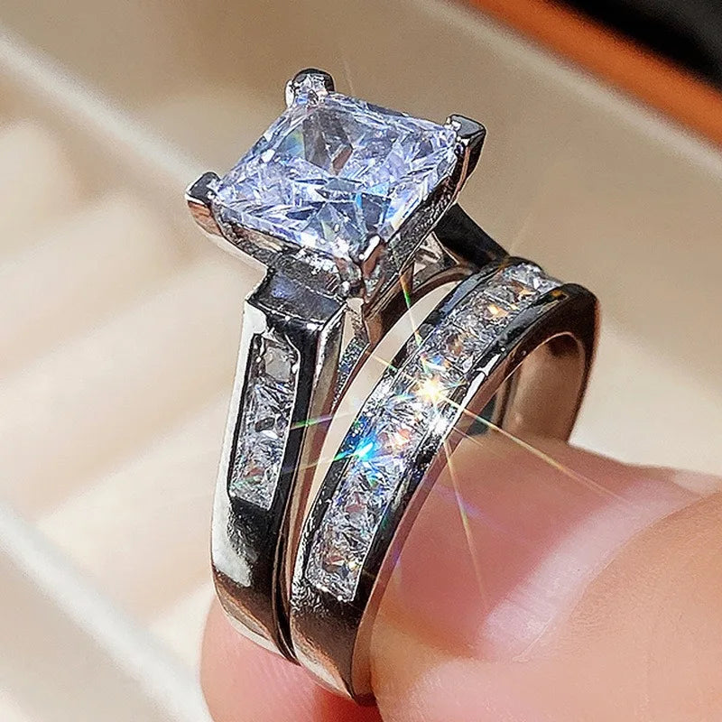 Luxury Wedding Ring Set for Women – Dazzling Square Zirconia Rhinestone Bridal Jewelry & Elegant Accessories