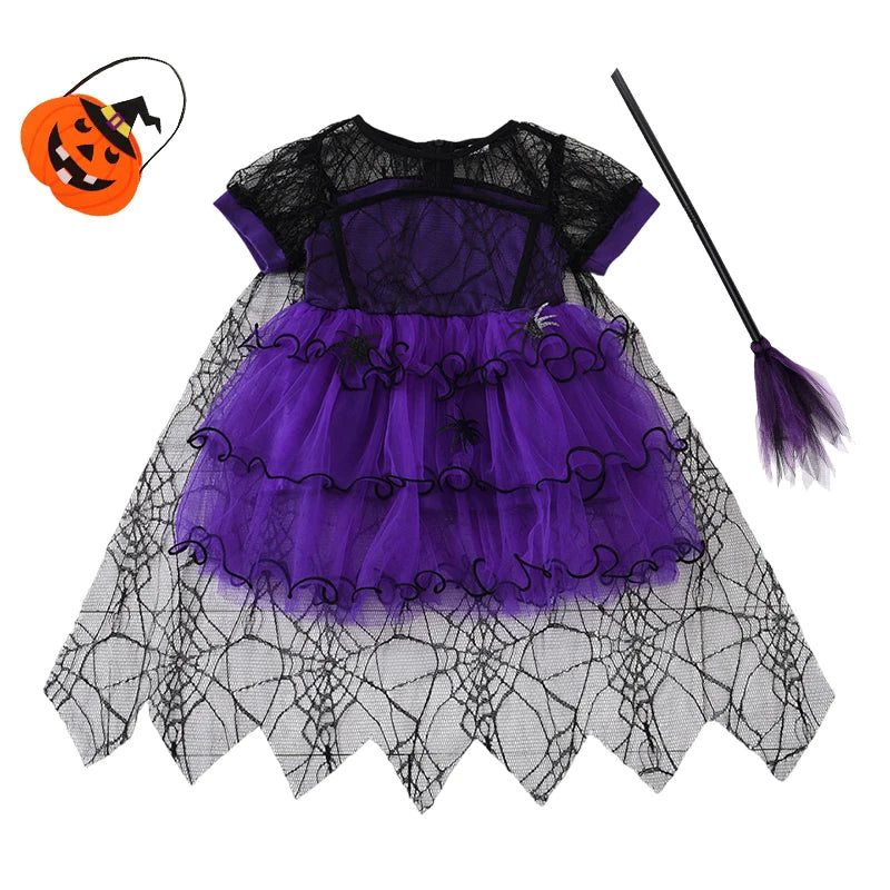 2–7Y Halloween Witch Cosplay Dress – Cute Spider Mesh Cape Outfit for Baby & Kids, Carnival Party Costume