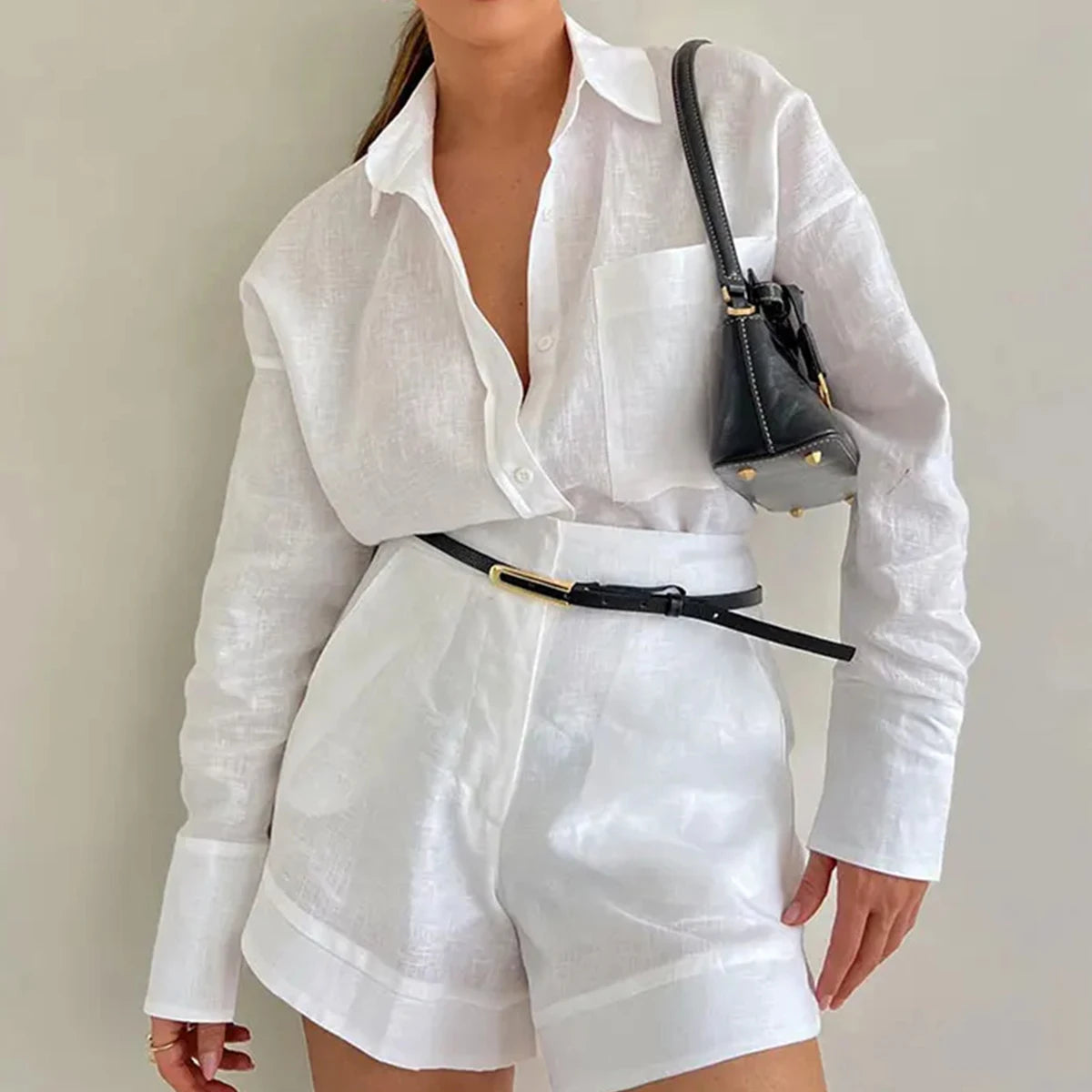 Women’s Casual Cozy Lapel Pink Shirt & Pants Set – Fashion Single-Breasted Blouse with Elastic Waist Trousers | 2025 Spring Loose Outfit