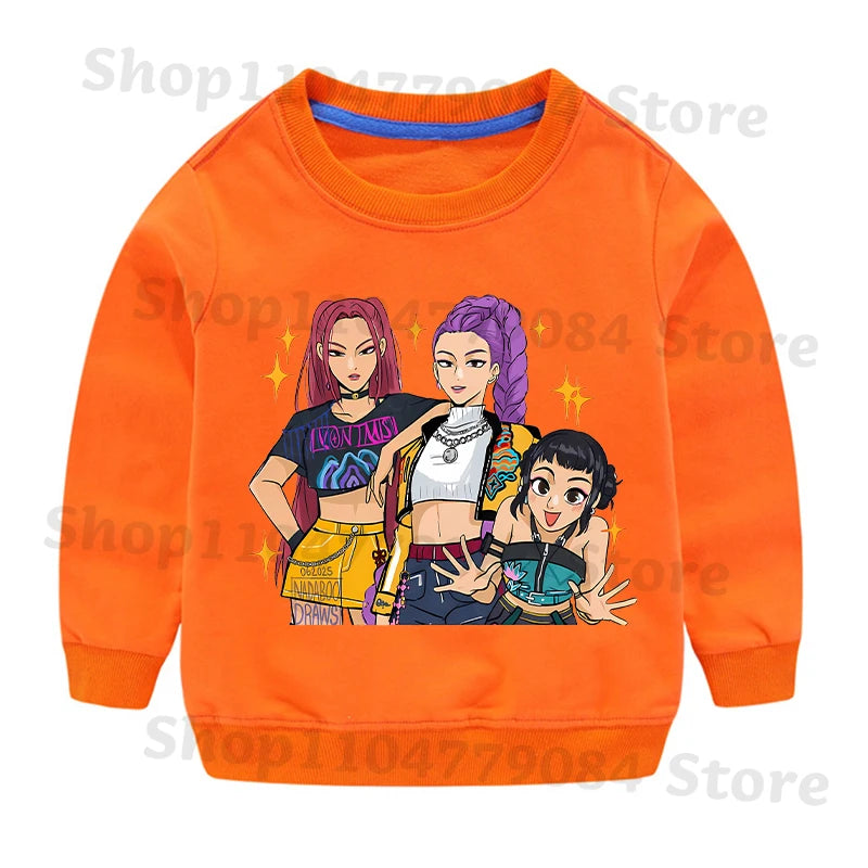 K-pop Demon Hunters Round-Neck Sweatshirt – Cute Anime Cartoon Hoodie for Children, Boys & Girls, Spring & Autumn Sport Fashion