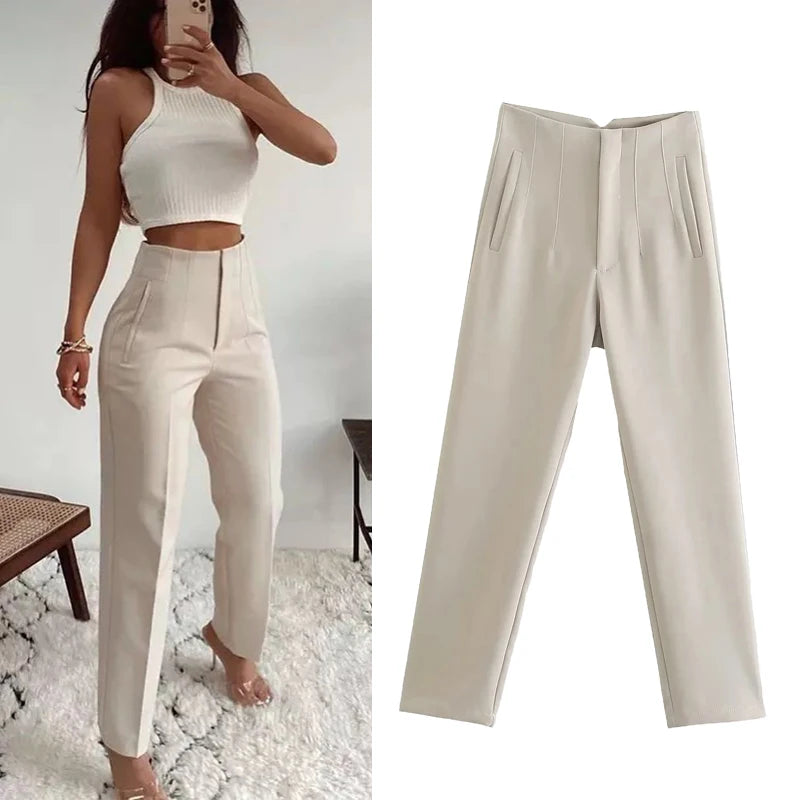 MUJER High-Waist Office Pants – Women’s Formal Pencil Trousers in Black, Pink & White