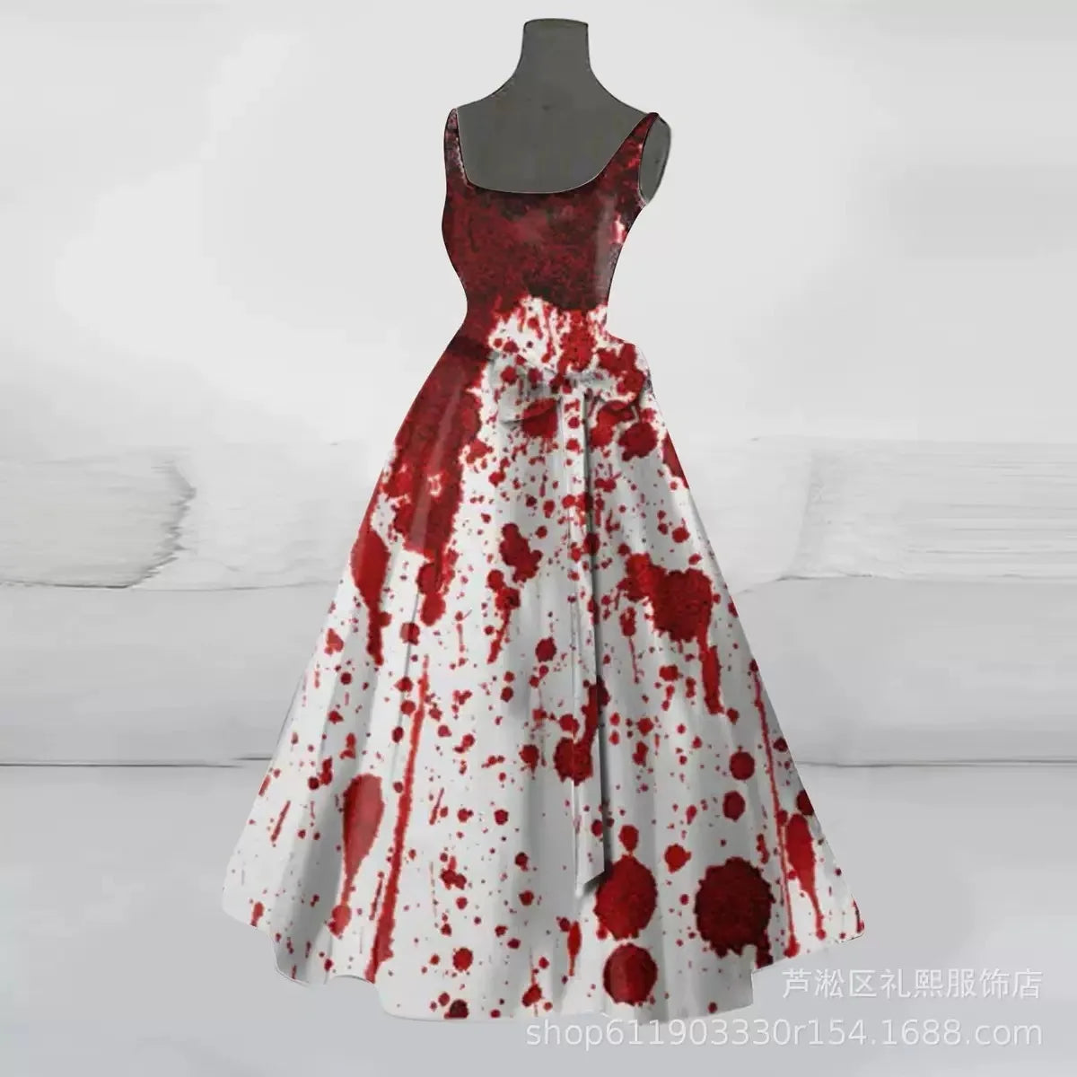 2025 Halloween Women’s Cosplay Dress – Retro Funny Horror Theme Bloody Printed Suspender Strappy Dress, Witch Costume