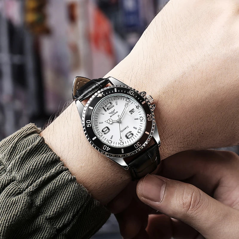 Luxury Men’s Leather Strap Watch – Waterproof Quartz Wristwatch with Calendar Display
