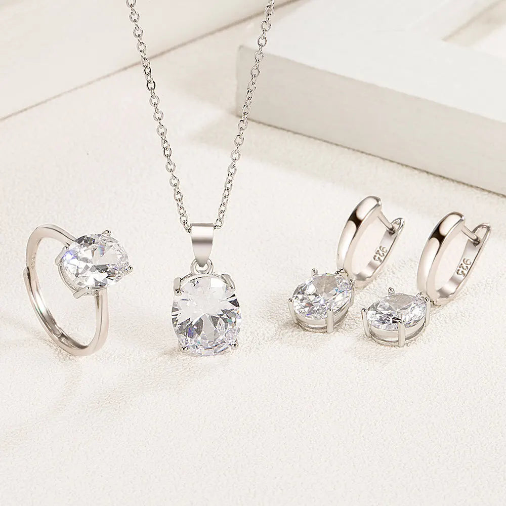 925 Sterling Silver Women’s Jewelry Set – Elegant Ellipse Zircon Ring, Necklace & Earrings