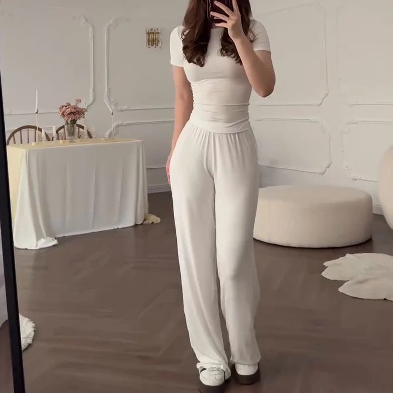 Women’s Casual Two-Piece Pants Set – Short Sleeve O-Neck T-Shirt & Elastic Waist Trousers | Spring Summer Solid Lounge Outfit