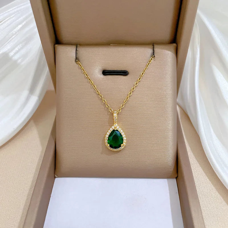 DIEYURO 316L Stainless Steel Green Water Droplet Zircon Pendant Necklace & Earrings Set – Trendy Jewelry Gift for Girls