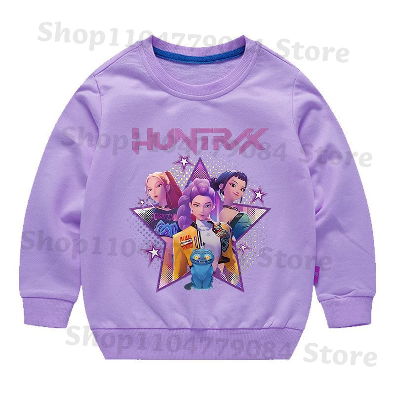 K-pop Demon Hunters Round-Neck Sweatshirt – Cute Anime Cartoon Hoodie for Children, Boys & Girls, Spring & Autumn Sport Fashion