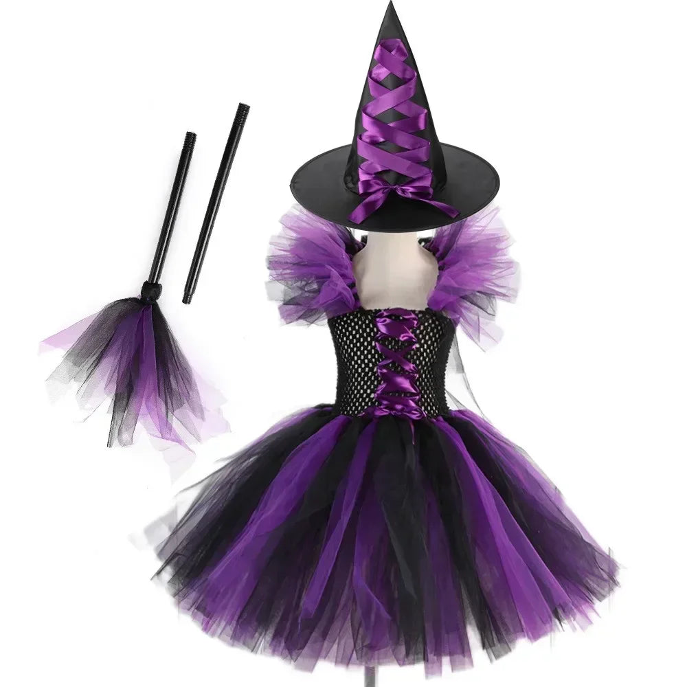 2025 Halloween Girls Witch Costume – Cosplay Tutu Knee Dress with Hat and Broom for Kids’ Carnival & Party