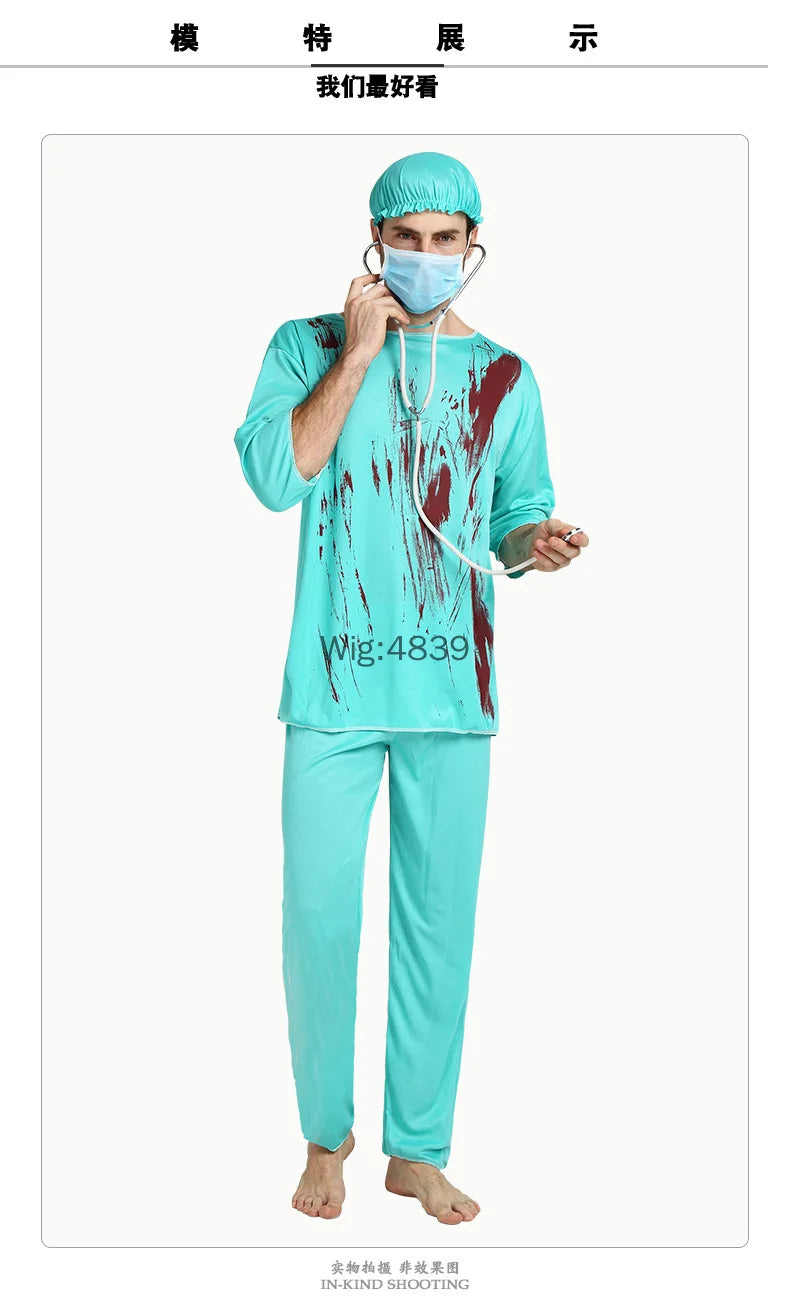 2025 Halloween Adult Cosplay Horror Costume – Bloody Doctor & Nurse Outfit for Men and Women, Masquerade Party Game Costume