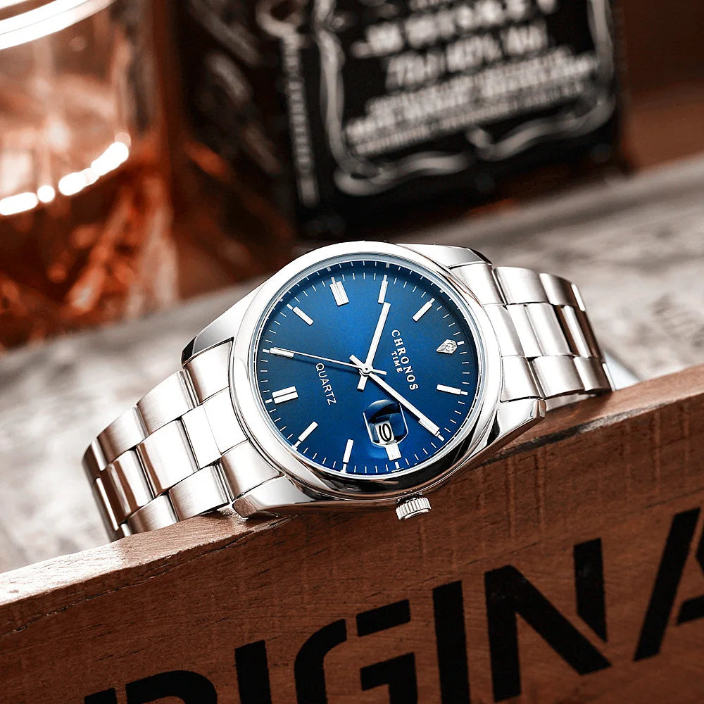CHRONOS Luxury Men’s Stainless Steel Quartz Watch – Waterproof Luminous Date Wristwatch