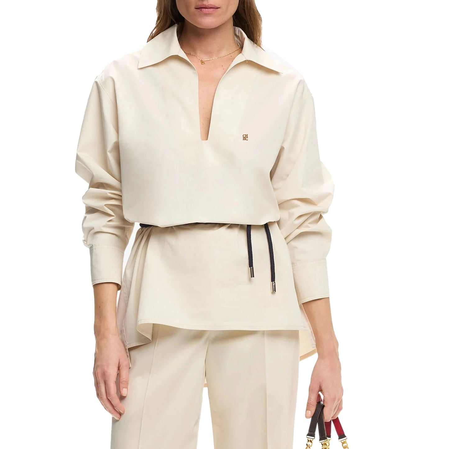 Women’s Elegant Embroidered Shirt – V-Neck Long Sleeve Casual Top with Belt Decoration | Fashion Office Wear