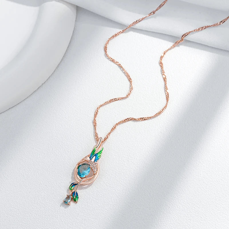 Kinel Colorful Enamel Peacock Pendant Necklace – 585 Rose Gold Color with Blue Zircon, Elegant Daily Jewelry for Women