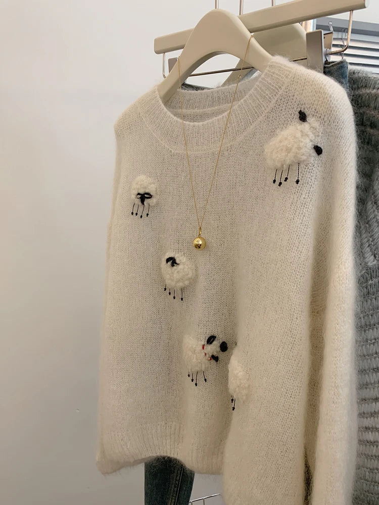 Women’s White Knit Sweater – Cute Animal Woolen Pullover | 2025 Autumn Winter Korean Fashion