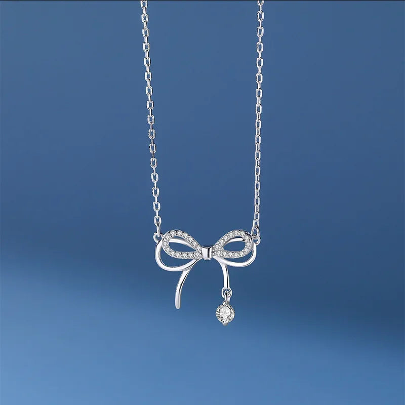 Real 925 Sterling Silver Bow Necklace – Shining Zircon Pendant Jewelry for Women, Wedding & Gift