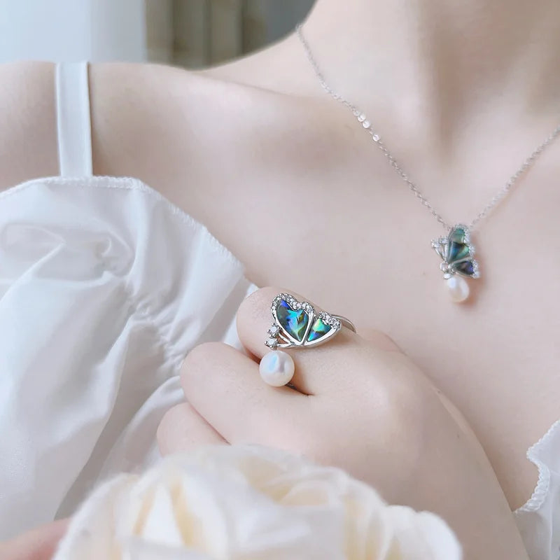 Natural Freshwater Pearl & Abalone Shell Butterfly Jewelry Set – Necklace, Earrings & Ring for Wedding and Fine Fashion