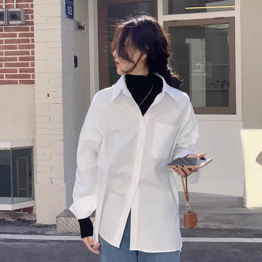 2025 Women’s Fashion Office Shirt – Loose Solid Vintage Long-Sleeve Button-Up Blouse | Casual Korean Chic Top