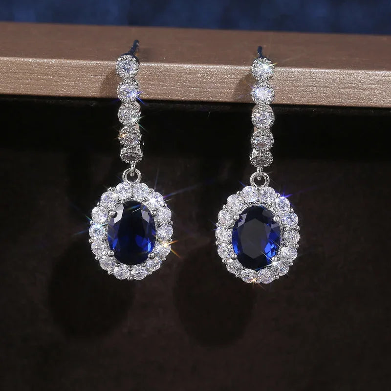 2025 Elegant Women Drop Earrings – Silver Color Inlaid Blue & White Zirconia Classic Wedding Party Jewelry