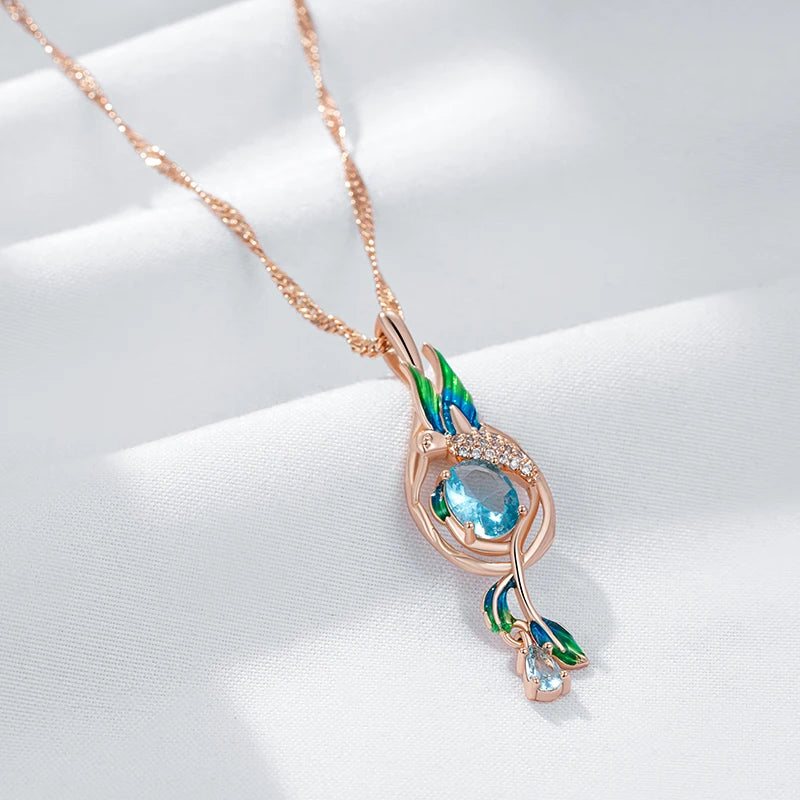 Kinel Colorful Enamel Peacock Pendant Necklace – 585 Rose Gold Color with Blue Zircon, Elegant Daily Jewelry for Women