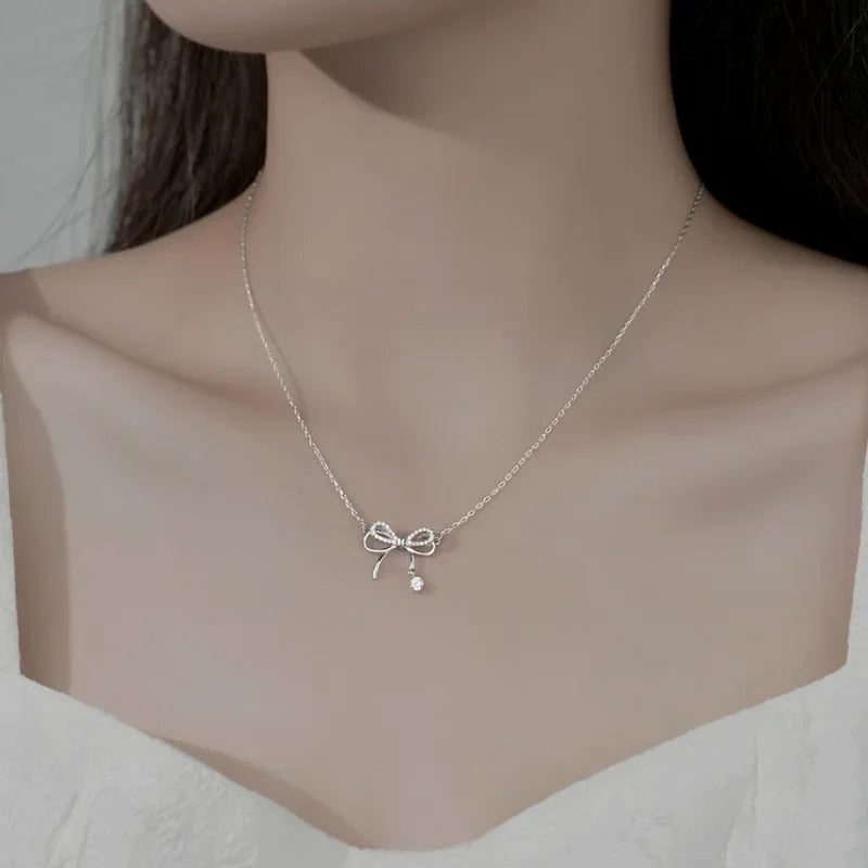 Real 925 Sterling Silver Bow Necklace – Shining Zircon Pendant Jewelry for Women, Wedding & Gift