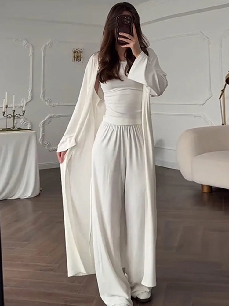 Women’s 3-Piece Casual Suit Set – Long Cardigan + O-Neck Slim Top + Wide Leg Pants | 2025 Summer Autumn Fashion Outfit