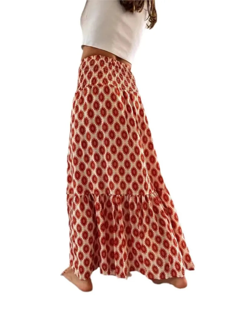 Women’s Boho Maxi Skirt – Vintage Floral Print Elastic Waist Beach Skirt for Spring & Summer