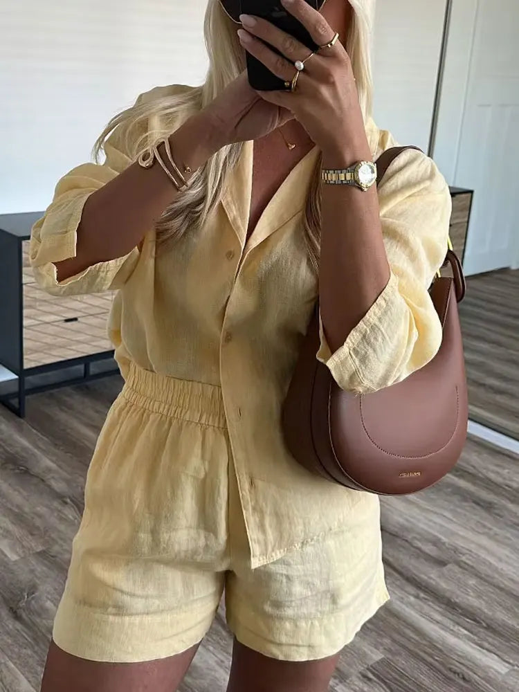 Women’s Casual Yellow 2-Piece Set – V-Neck Long Sleeve Top & Shorts Outfit for Spring/Summer 2025
