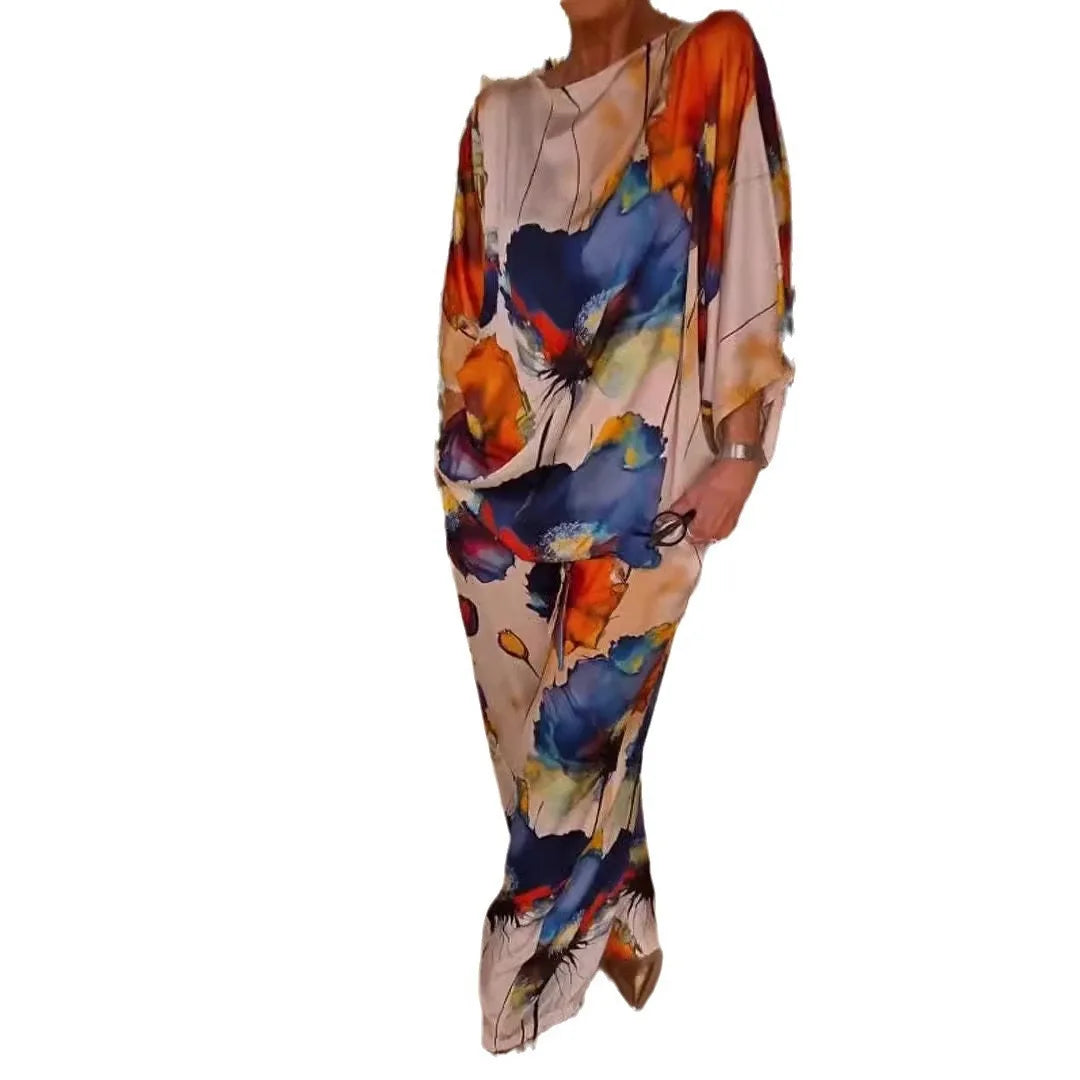 Women’s Satin Two-Piece Set – Summer Printed Round Neck Top & Wide-Leg Pants | Elegant Casual Fashion Outfit 2025