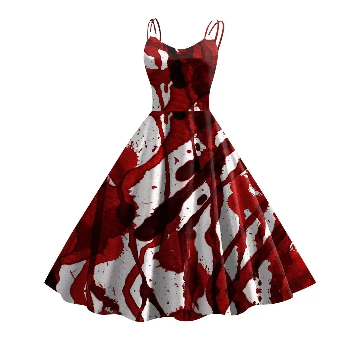 2025 Halloween Women’s Cosplay Dress – Retro Funny Horror Theme Bloody Printed Suspender Strappy Dress, Witch Costume