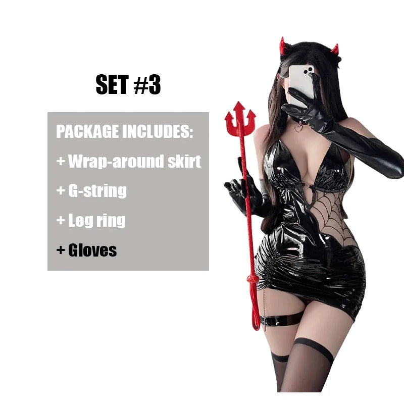 2025 Halloween Sexy Witch Lingerie Costume – Seductive Spider PU Faux Leather Bodycon Dress with Stockings for Women Cosplay