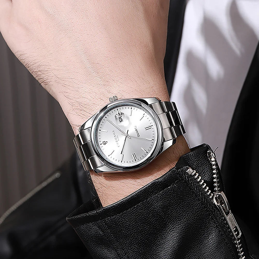 CHRONOS Luxury Men’s Stainless Steel Quartz Watch – Waterproof Luminous Date Wristwatch
