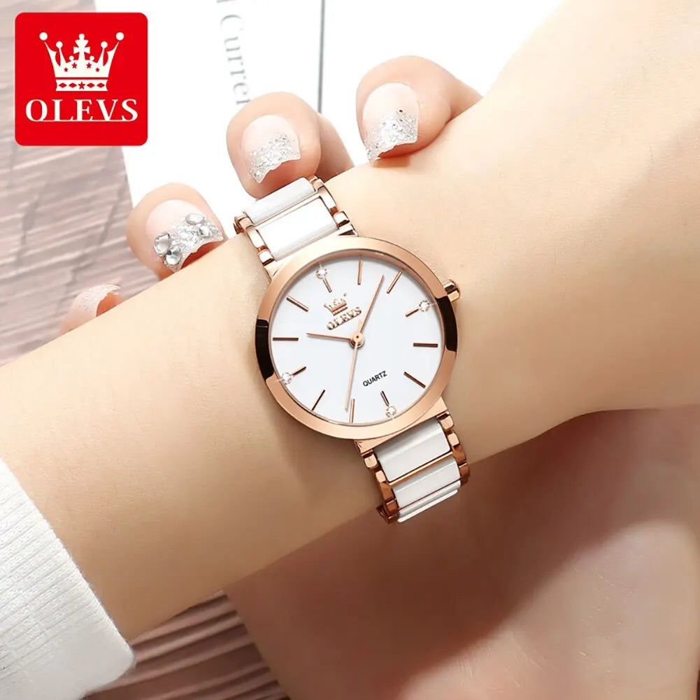 OLEVS Luxury Women’s Rose Gold Quartz Watch – Fashion Ceramic Strap Elegant Wristwatch