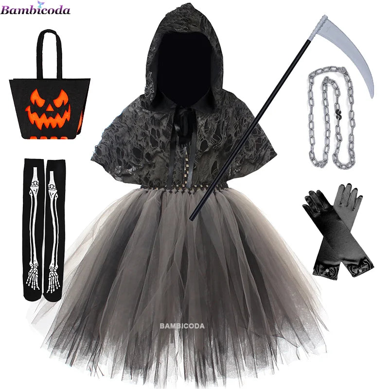 2025 Halloween Girls Demon & Death Costume – Medieval Hooded Cloak for Horror Cosplay and Party Fancy DressHalloween, Girls Costume, Demon Costume, Death Costume, Horror Costume