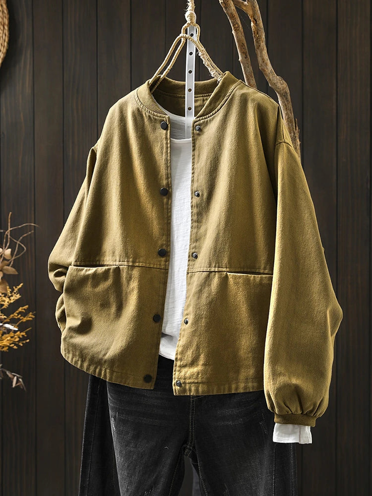 Women’s Casual Cotton Coat – 2025 Autumn Solid Color Loose Short Jacket with Double Pockets | Simple Everyday Style (T647)