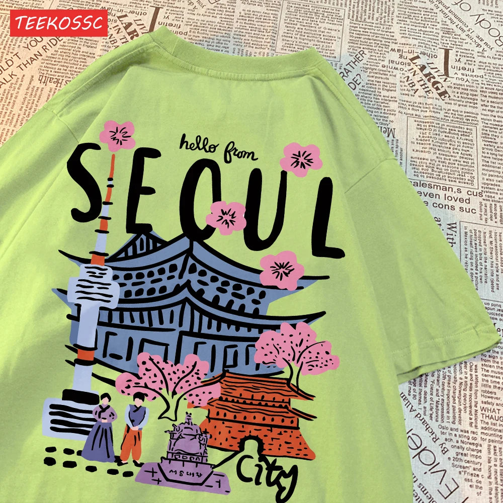 Women’s Casual Cotton T-Shirt – Seoul Scenery Printed Short Sleeve Oversize Tee | Breathable Summer TopWomen’s Clothing / Tops / T-Shirts