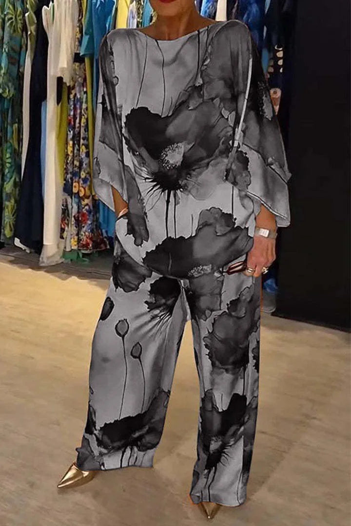 Women’s Satin Two-Piece Set – Summer Printed Round Neck Top & Wide-Leg Pants | Elegant Casual Fashion Outfit 2025