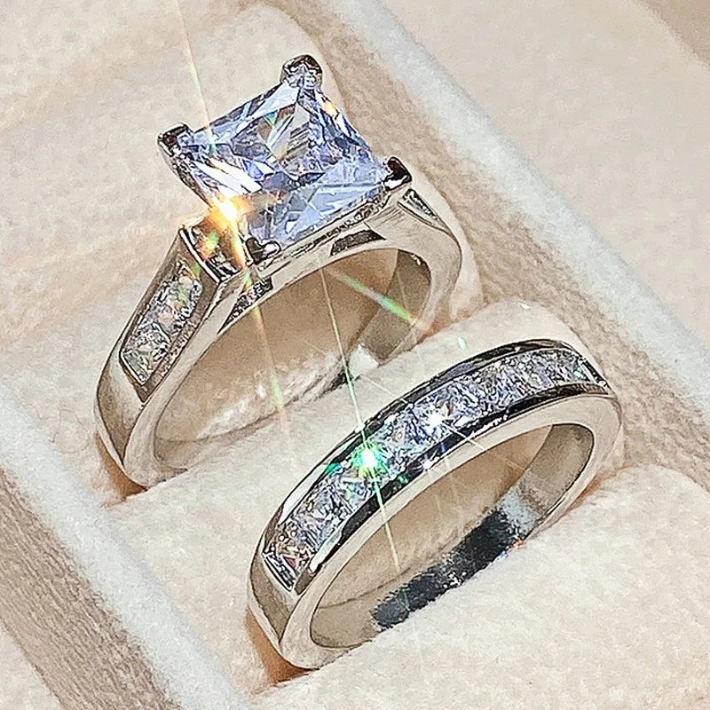 Luxury Wedding Ring Set for Women – Dazzling Square Zirconia Rhinestone Bridal Jewelry & Elegant Accessories