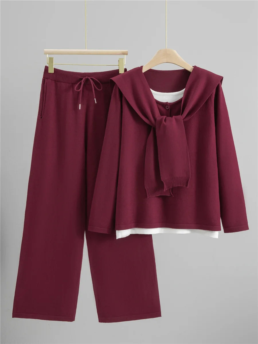 Women’s Casual Knitted 2-Piece Set – Korean Knitwear Sweater + Shawl + High Waist Pants | 2025 Fashion Outfit