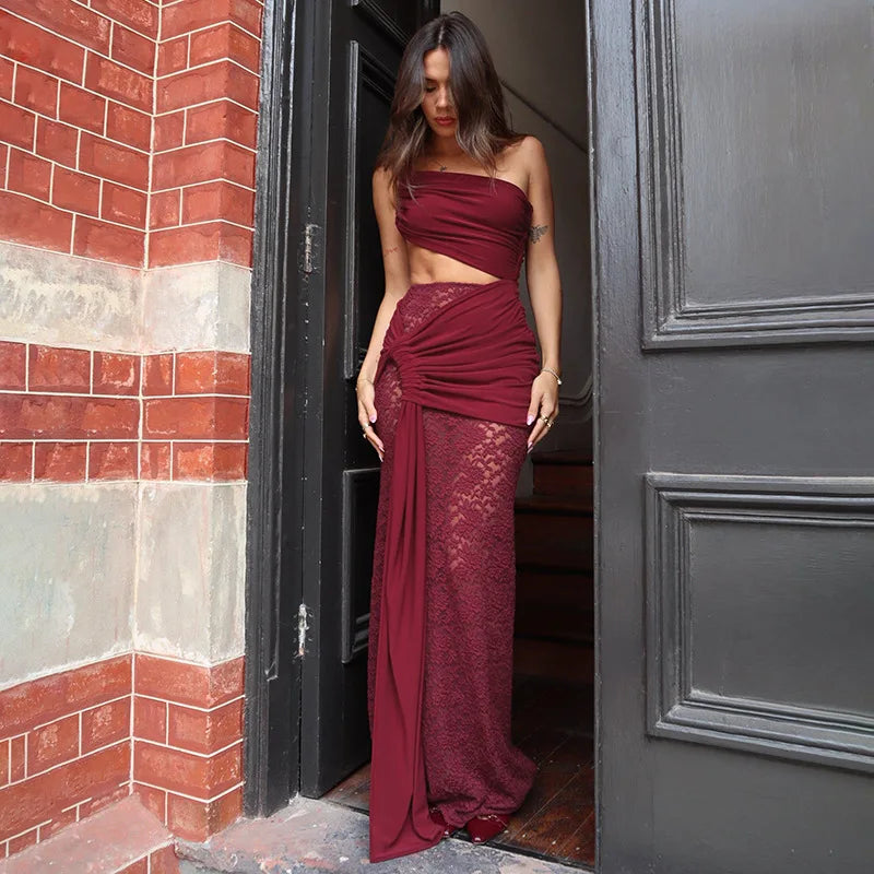 Ladies Summer 2-Piece Set – Sleeveless Backless Crop Top & Side-Slit Slim Long Skirt for Evening, Party, Club, and Streetwear