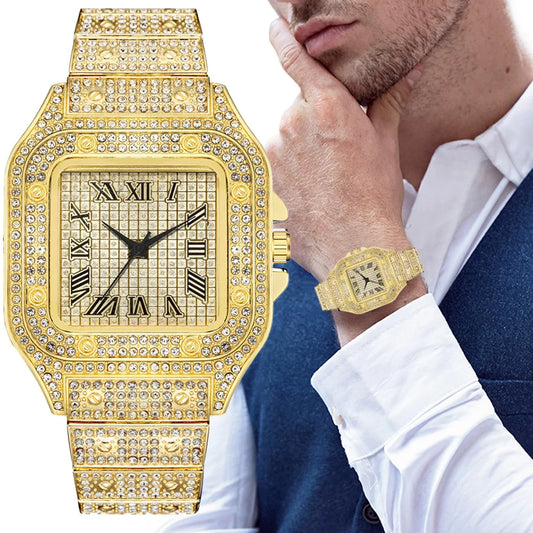 Classic Luxury Men’s Square Rhinestone Quartz Watch – Business Stainless Steel Roman Scale Wristwatch
