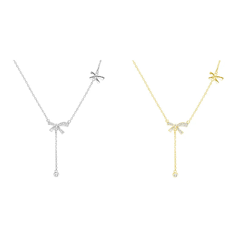 Elegant Zircon Crystal Bow Pendant Necklace – Exquisite Bowknot Tassel Clavicle Chain Jewelry Gift for Women