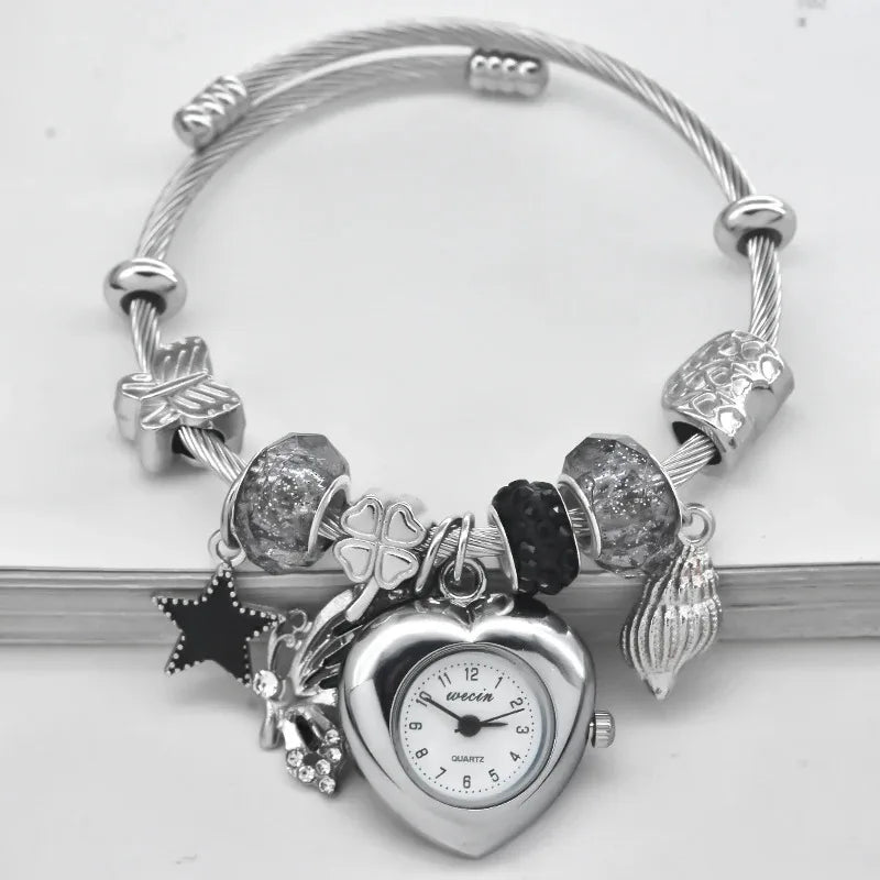 Women’s Love Bracelet Quartz Watch – Stylish Round Silver Casual Fashion Jewelry Gift