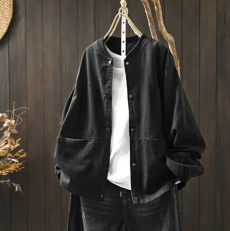 Women’s Casual Cotton Coat – 2025 Autumn Solid Color Loose Short Jacket with Double Pockets | Simple Everyday Style (T647)