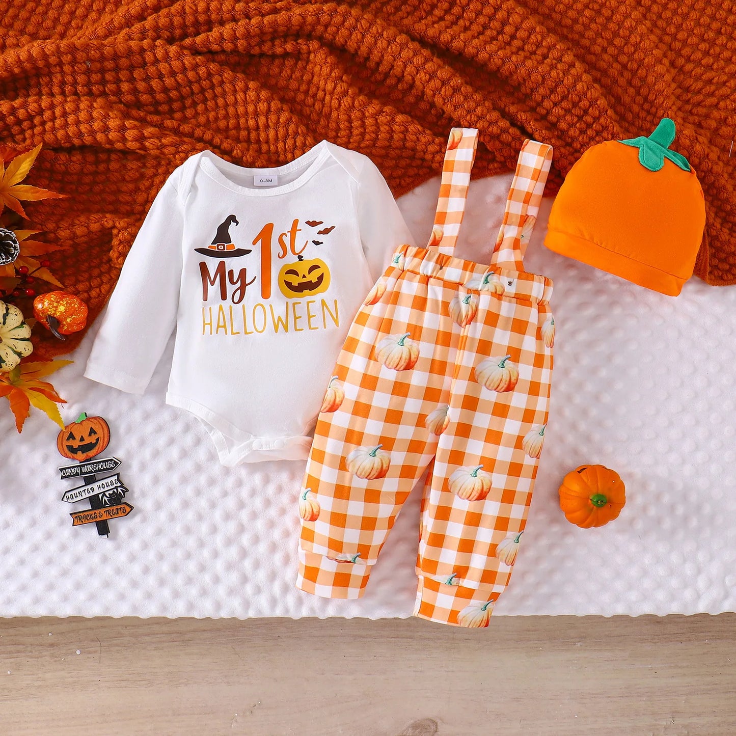 Ceeniu My First Halloween Baby Outfit – Boys Long Sleeve Letter Romper with Suspender Pants & Hat, Newborn Costume