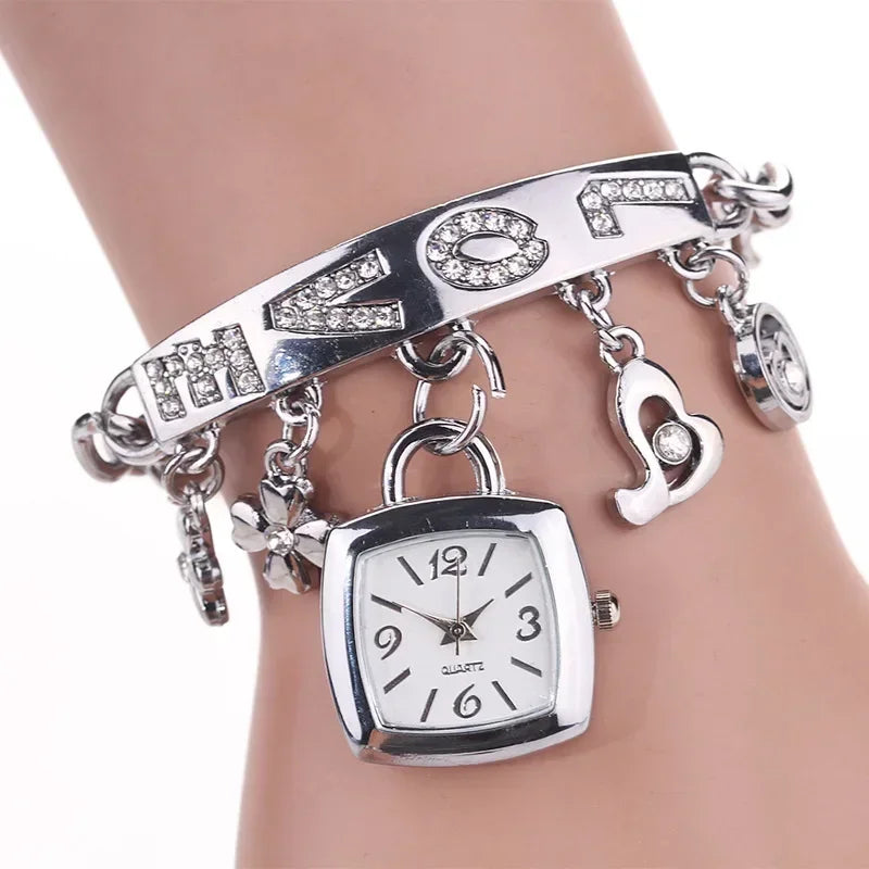 Women’s Rhinestone Chain Bracelet Watch – Letter Design Flower Pendant Dress Wristwatch Gift Zegarek Damski