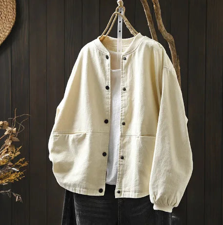 Women’s Casual Cotton Coat – 2025 Autumn Solid Color Loose Short Jacket with Double Pockets | Simple Everyday Style (T647)