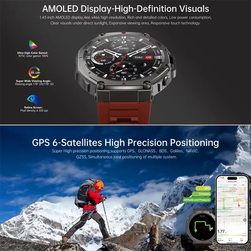 T-Rex 3 GPS Smart Watch – AMOLED Touch Screen 5ATM Waterproof Outdoor Fitness Smartwatch with Compass for Men (Compatible with Xiaomi)