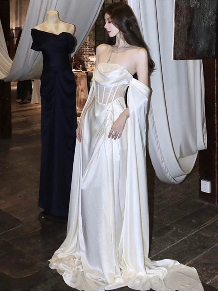 2025 Adult Ceremony Dress – Light Luxury White Satin Tube Top Gown for Toast & Special Occasions