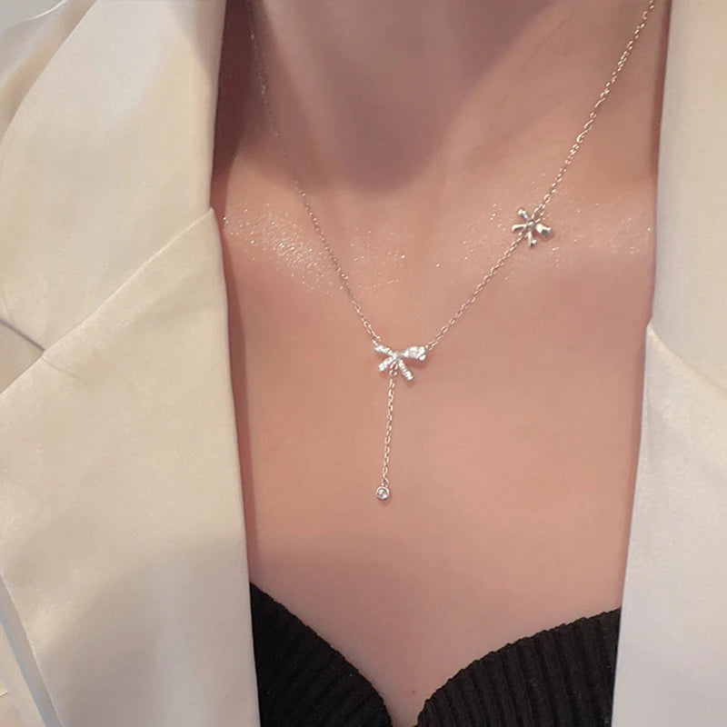 Elegant Zircon Crystal Bow Pendant Necklace – Exquisite Bowknot Tassel Clavicle Chain Jewelry Gift for Women